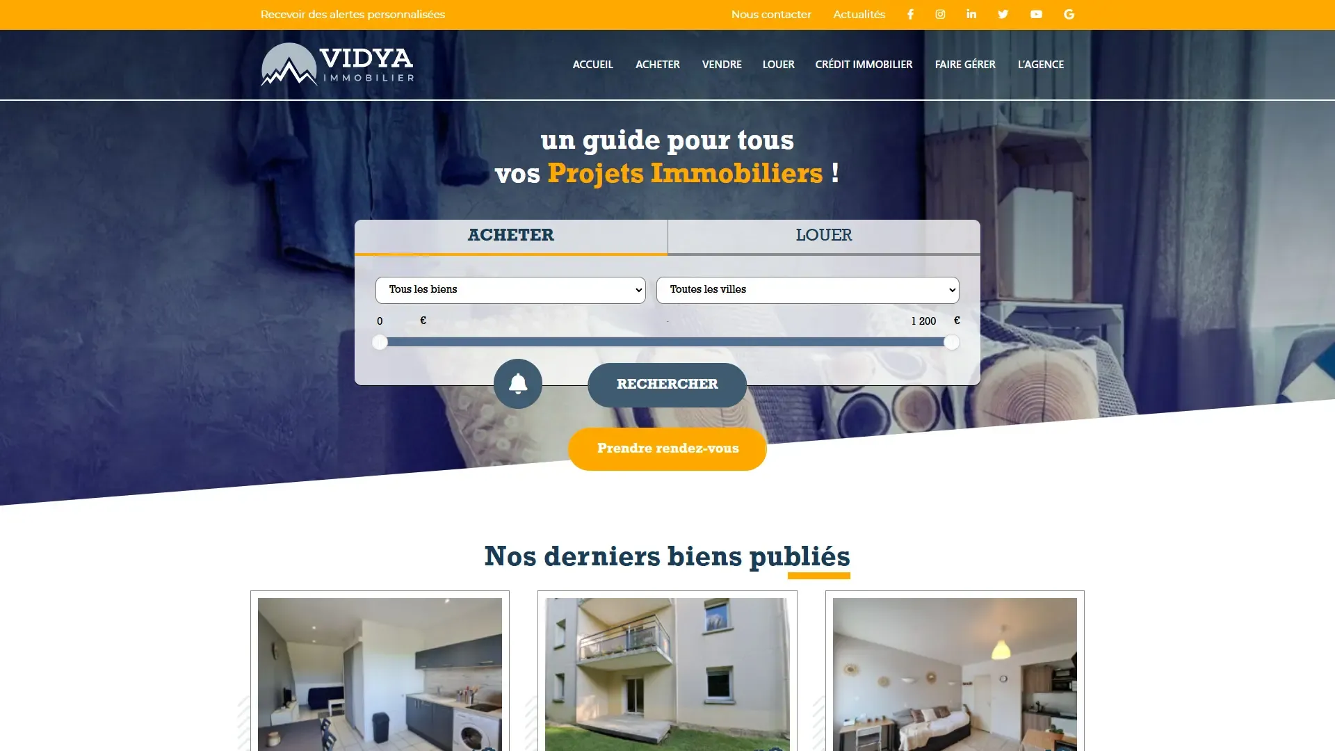 Page d'accueil du site Vidya Immobilier